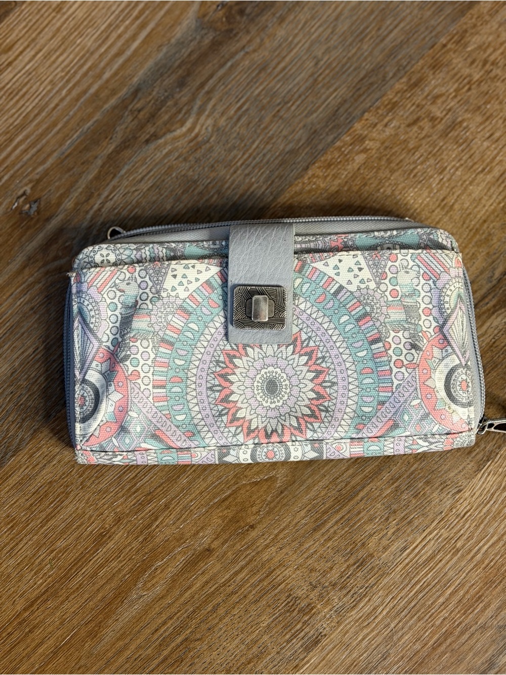 Pastel Mandala Zip-Around Wallet with Light Gray Trim
